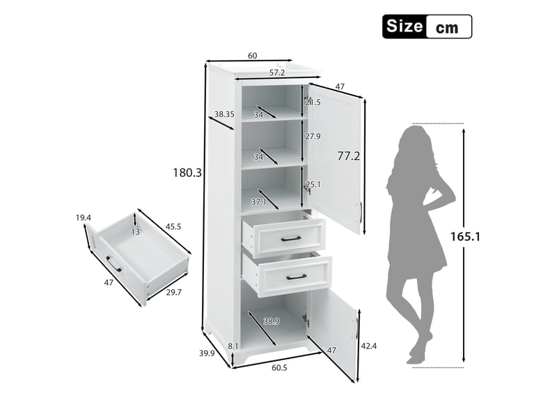  Armoire de salle de bain avec 2 tiroirs, 2 placards et étagères réglables, en mdf blanc, 60 × 40 × 180 cm  - Conforama C
