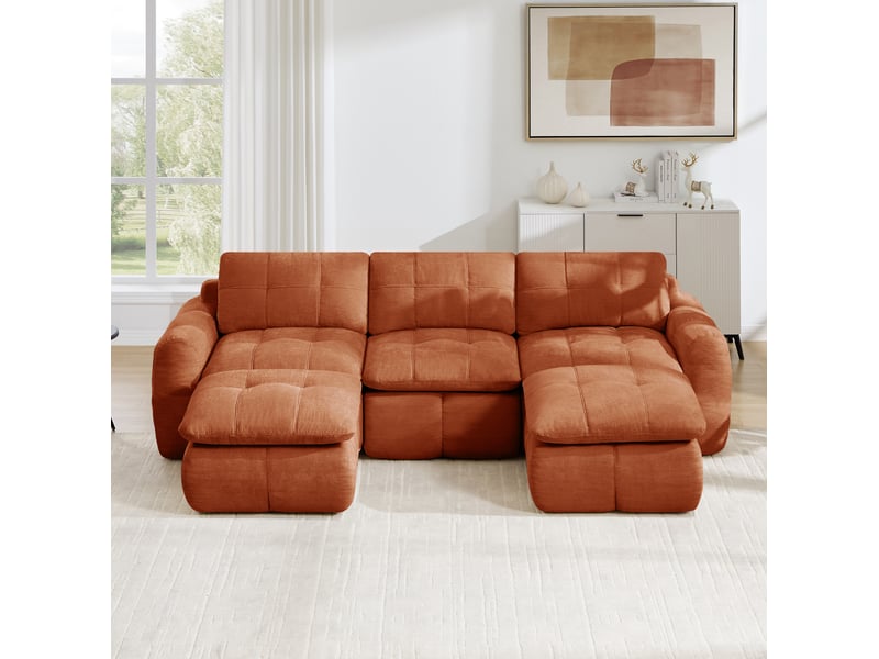 Canapé modulable en u modenvie 3 places avec 2 poufs, revêtement en chenille orange, mousse haute densité 32d, 264 x 160 x 68 cm, sans montage - Conforama B