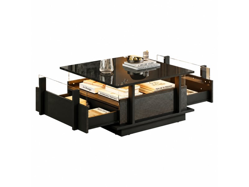  Table basse led noire avec 2 tiroirs, plateau carré 70 x 70 x 35 cm  - Conforama A