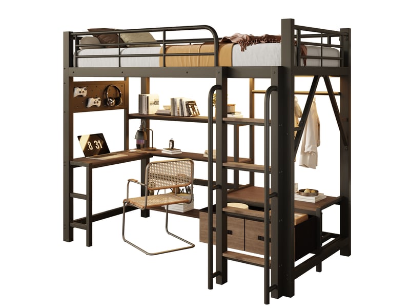 Lit mezzanine 90x200 cm avec bureau et led, tiroirs et rangements, coloris noir - Conforama A