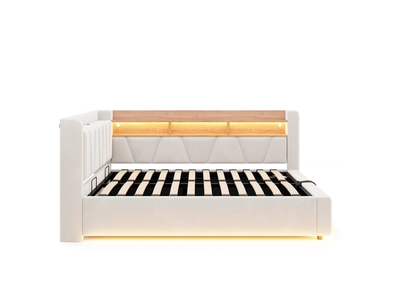  Lit banquette coffre 140 × 200 cm en velours beige, led et usb IKSETERA TRADING LTD - Conforama R
