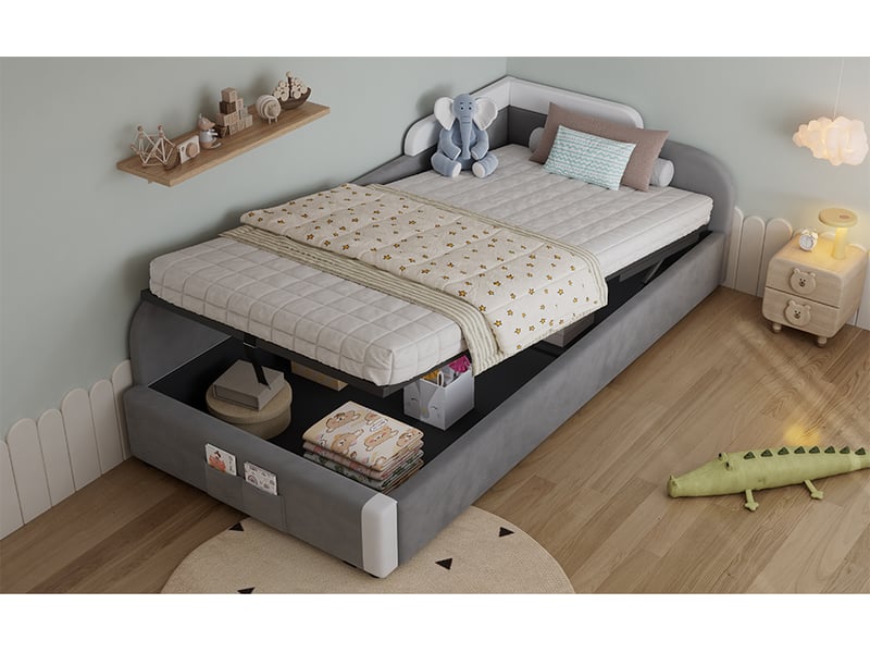  Lit coffre côté gauche 90 x 200 cm, coffre à relevage hydraulique, poche de rangement, barrières latérales, velours et contreplaqué, blanc et gris ABC - Conforama E