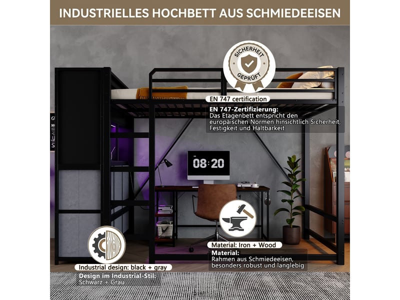  Lit mezzanine 120x200 cm - rangement avec led et usb - tiroirs et étagère ouverte - station de charge - métal et bois - noir  - Conforama W
