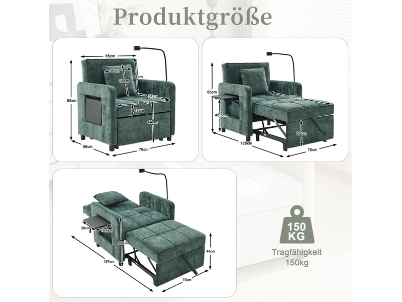 Fauteuil convertible 79x66x83 cm, 5 positions, tablette, coussin, canapé 1 place, chenille vert, rangement, pour salon - Conforama C