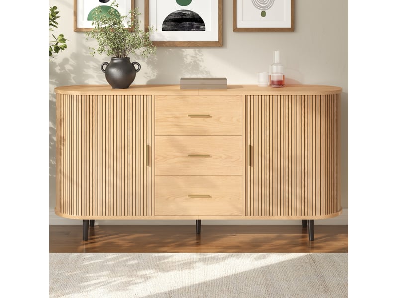 Buffet 160x40x80,5 cm avec 3 tiroirs, portes coulissantes et décor rainuré naturel - Conforama B