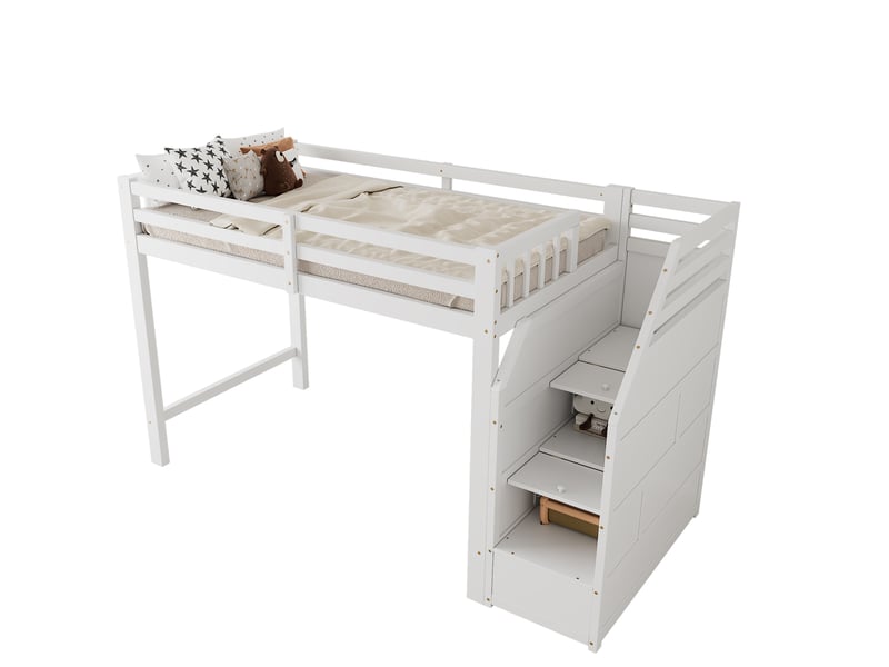  Lit mezzanine enfant 90x200 cm avec escalier de rangement blanc  - Conforama A