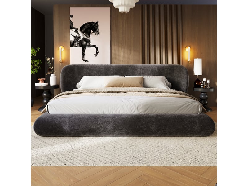 Lit rembourré en chenille gris 180x200 cm avec tête de lit arrondie Fay Lum - Conforama D