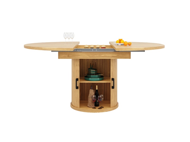  Table de salle à manger extensible ronde en mdf finition bois clair, 118 à 158 cm, jusqu'à 6 personnes, avec rangement  - Conforama A