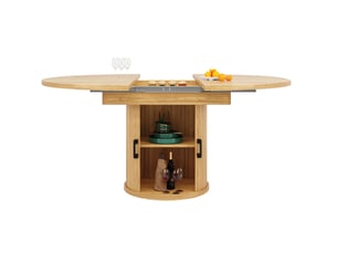 Table de salle à manger extensible ronde en mdf finition bois clair, 118 à 158 cm, jusqu'à 6 personnes, avec rangement