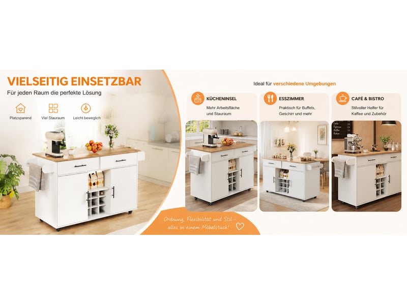  Îlot de cuisine mobile blanc avec plateau rabattable aspect bois, 2 tiroirs et range-bouteilles, idéal au quotidien  - Conforama E
