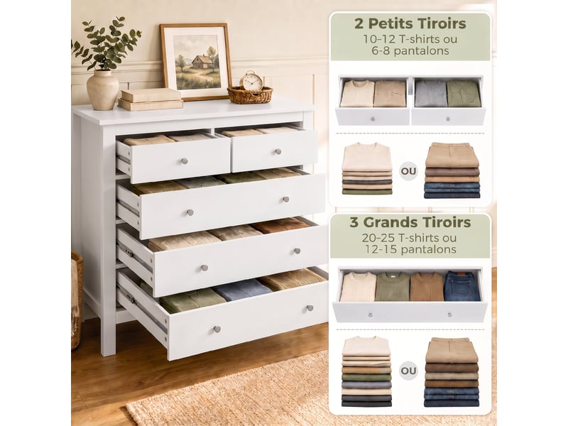  Commode à 5 tiroirs, meuble de rangement, avec poignées, glissières métalliques,  en bois, 79l x 39,5p x 80,5h cm, blanc  - Conforama D