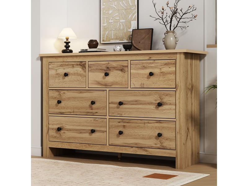  Commode 152x40x88,5 cm avec 7 tiroirs, design à motif bois et espace de rangement, panneaux de particules, couleur bois  - Conforama R