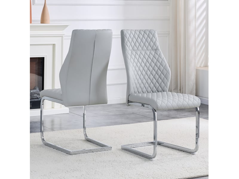  Lot de 2 chaises de salle à manger gris clair à motif losangé, structure métal argenté  - Conforama C