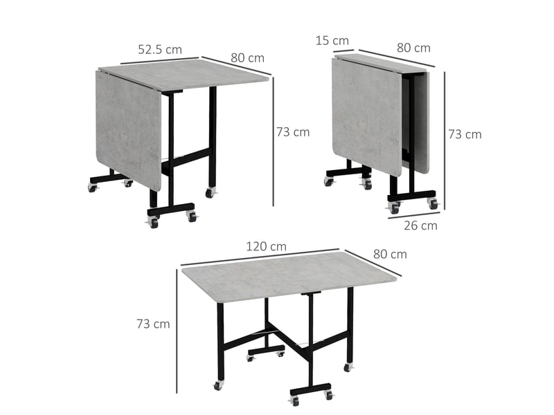  Table à manger pliante 52,5-120 x 80 cm – gris – roulettes et plateau rabattable pour 4 à 6 personnes  - Conforama C