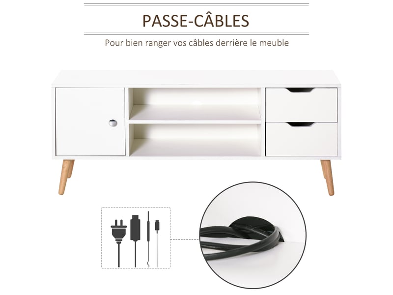  Meuble tv banc tv style scandinave placard 2 niches 2 tiroirs passe-fils panneaux particules blanc pin bois  - Conforama R