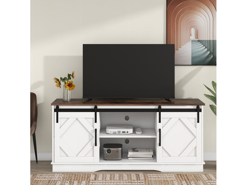  Meuble tv modenvie 150 x 40 x 60 cm avec portes coulissantes et rangements blanc et marron  - Conforama B