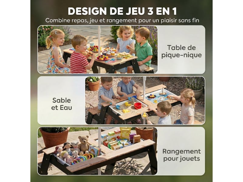  Table de pique-nique enfants avec parasol, 3 en 1 salon de jardin en bois pour enfants 3-6 ans avec 2 boîtes, naturel  - Conforama E