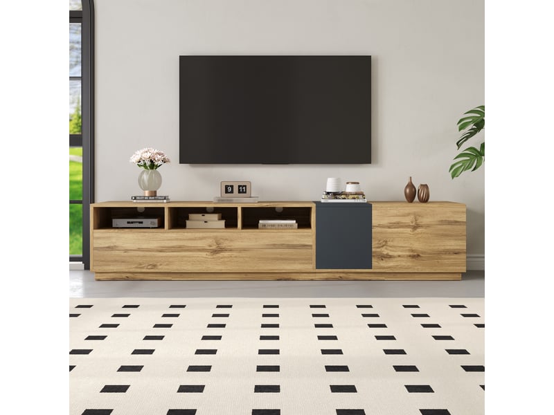  Meuble tv 200 cm, banc tv design moderne pour salon avec passe-câbles, structure en bois d'ingénierie de avec 3 niches et 3 portes, noir, naturel  - Conforama C