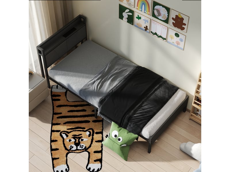  Lit simple en métal 90x200 cm avec rangement noir pour chambre  - Conforama D