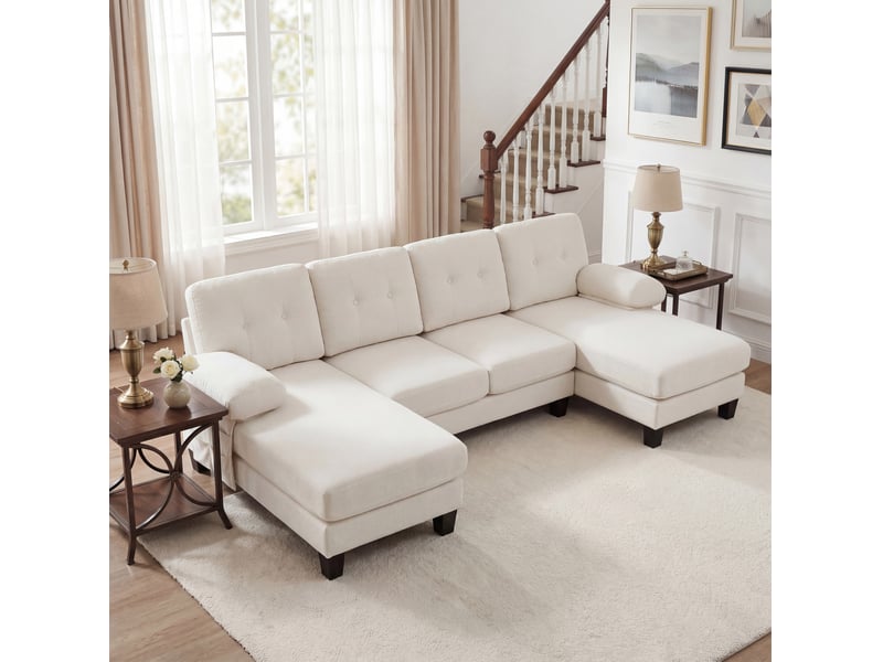  Canapé panoramique en u 4 places en chenille beige avec double méridienne  - Conforama B