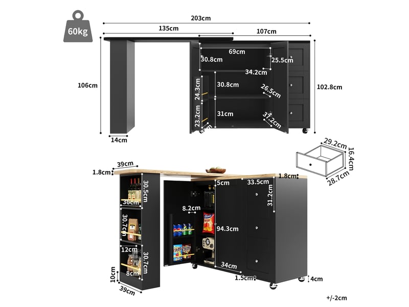  Bar de cuisine pivotant 360° extensible - 3 tiroirs, porte-snacks, roulettes, table bar moderne  - Conforama C
