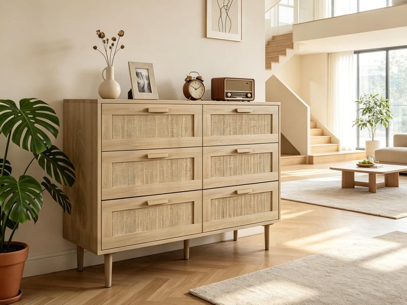  Commode à 6 tiroirs, 110 x 40 x 75 cm, façades en cannage de rotin et pieds surélevés, blanc et effet chêne  - Conforama B
