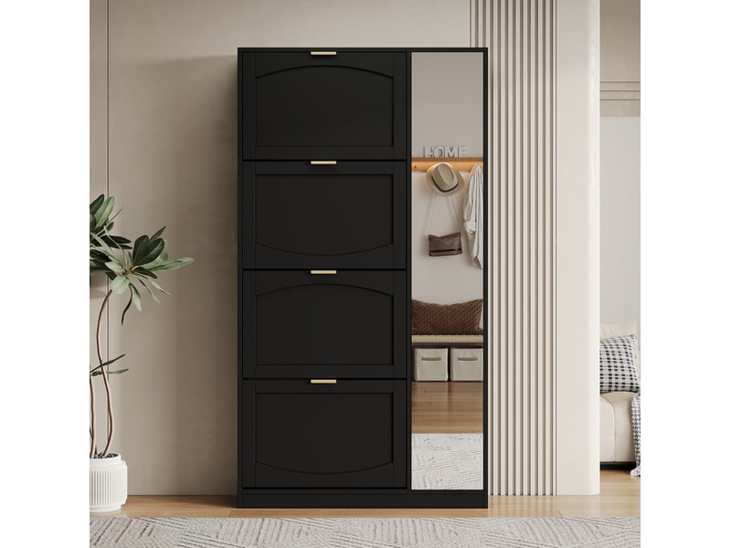  Meuble à chaussures 80x24x147 cm avec miroir et 4 compartiments rabattables noir  - Conforama D