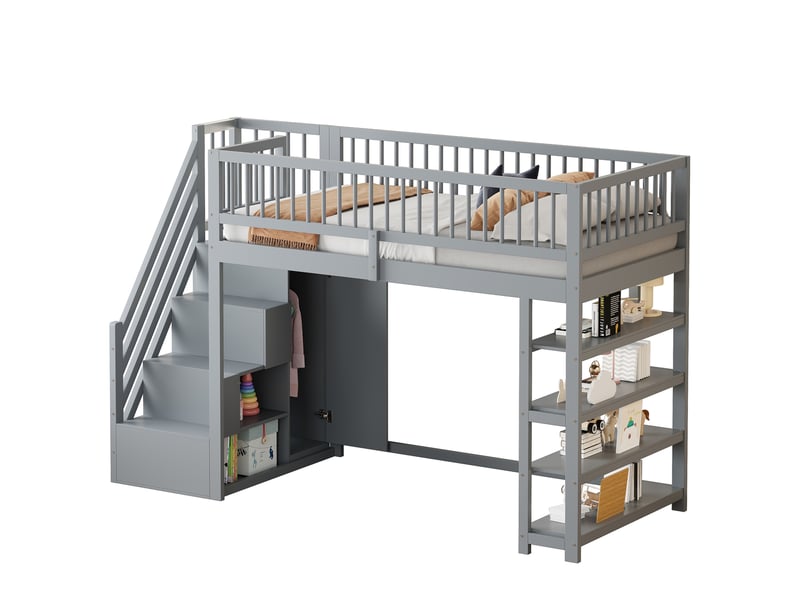 Lit mezzanine enfant 90x200 cm – gris – armoire, rangements, étagères et échelle sécurisée, sans matelas - Conforama A