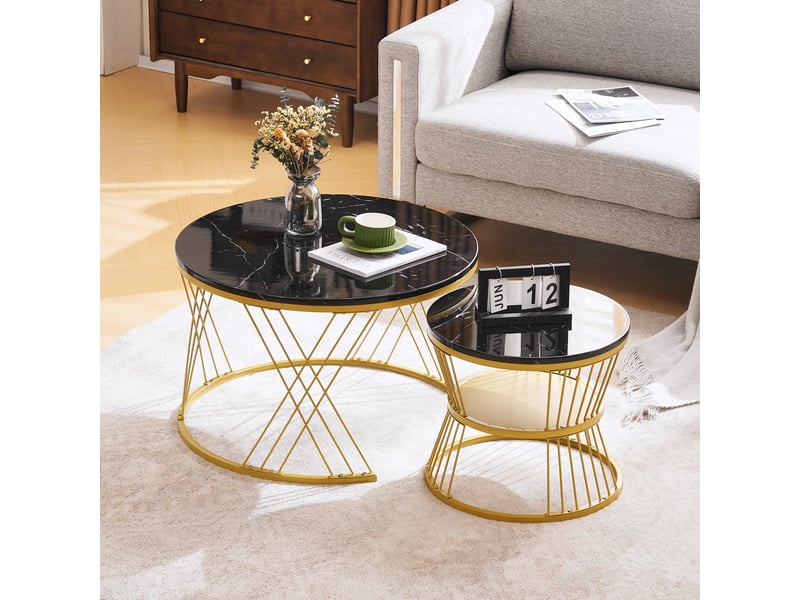  Table basse gigogne ronde, lot de 2 tables d'appoint, effet marbre noir brillant, structure en métal  - Conforama B