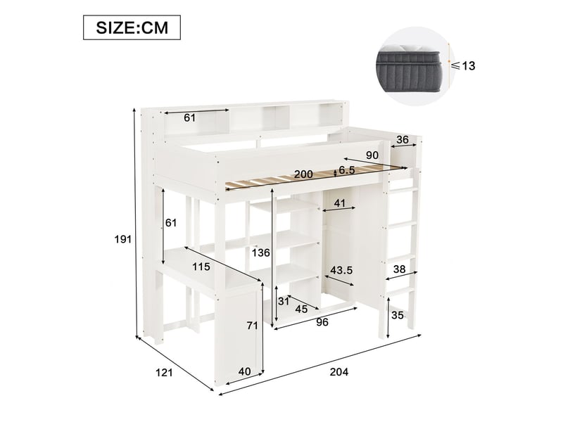  Lit enfant 90 x 200 cm lit simple structure superposée bureau intégré meuble penderie intégré barrière de sécurité étagères intégrées échelle à quatre marches rangement intégré pin mdf et contreplaqué  - Conforama C