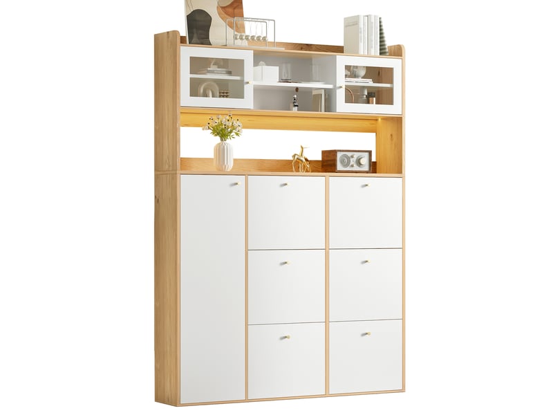  Meuble à chaussures led avec 6 abattants et 1 porte en verre, pour entrée, blanc et naturel, 130 × 25 × 85 cm  - Conforama A