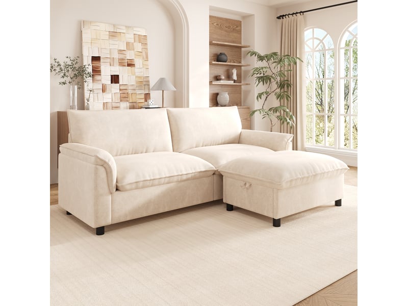 Canapé d'angle modulable 3 places en chenille beige avec pouf de rangement - Conforama D