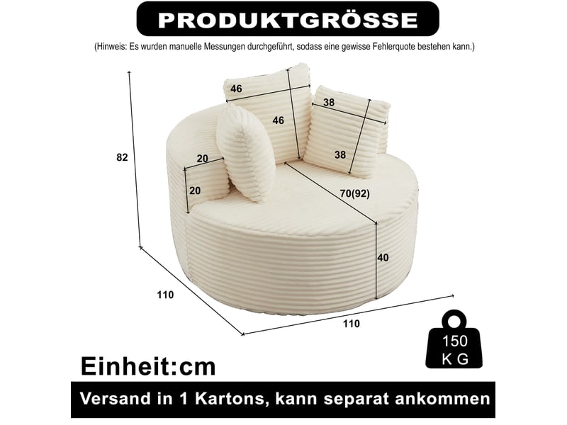  Fauteuil lounge rond 1 place en velours côtelé, ø 110 cm, beige, avec 3 coussins  - Conforama C