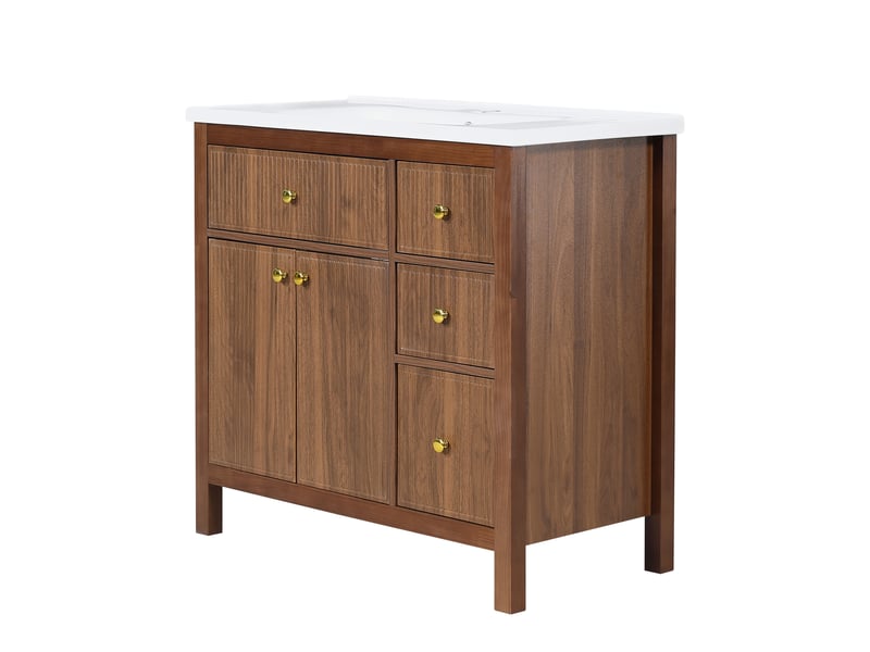  Meuble vasque 91 cm noyer, lavabo céramique, portes soft-close, tiroirs et étagères  - Conforama E