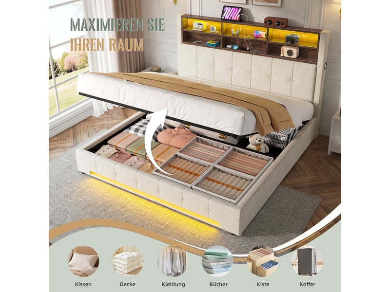  Lit coffre 180x200 cm, lit double, rangement hydraulique, led, usb et usb-c, velours beige  - Conforama W