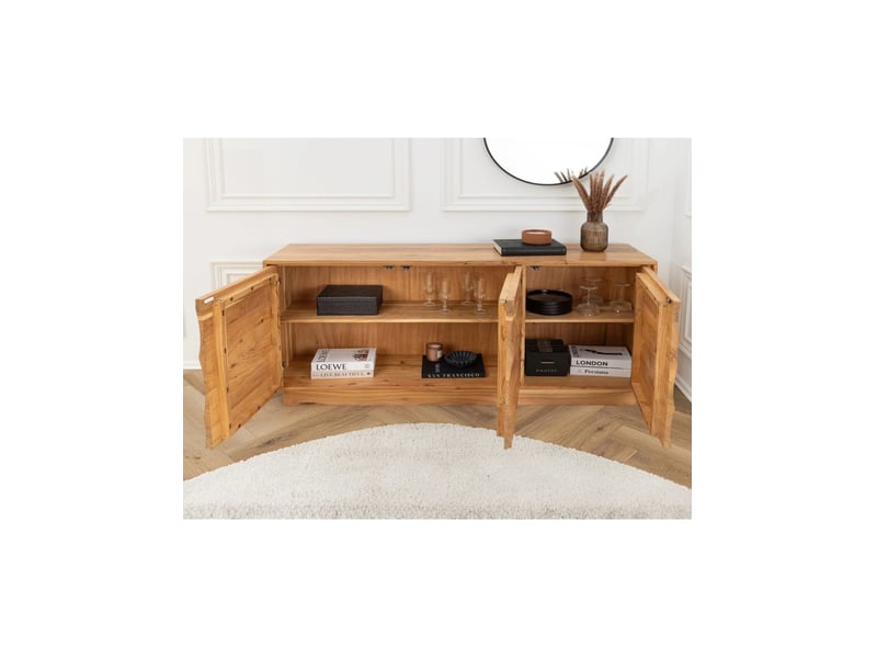 Buffet sonora 160 cm en bois d'acacia marron – 3 portes push-to-open et façades en relief - Conforama D