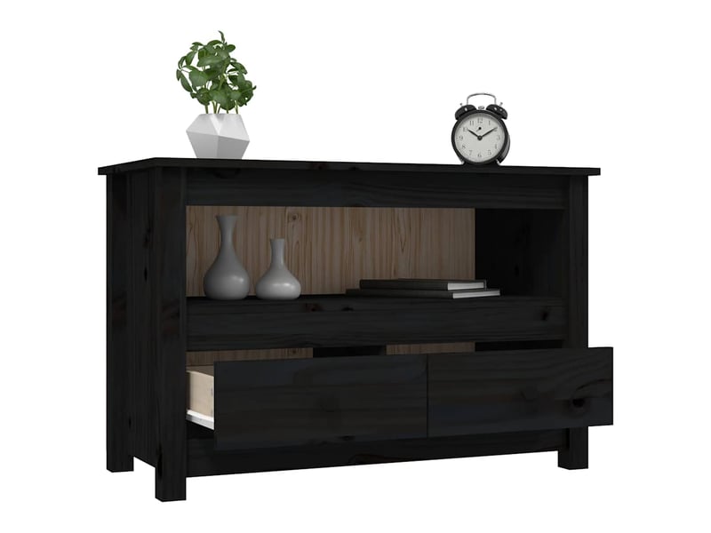  Meuble tv - banc tv - meuble de rangement noir 79x35x52 cm bois de pin massif  - Conforama E