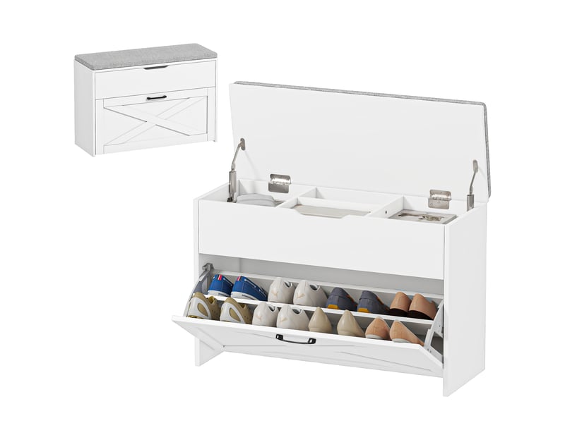  Banc à chaussures avec tiroir pliable et rangement, capacité de 6 paires de chaussures, 80 x 30 x 55 cm, blanc  - Conforama B