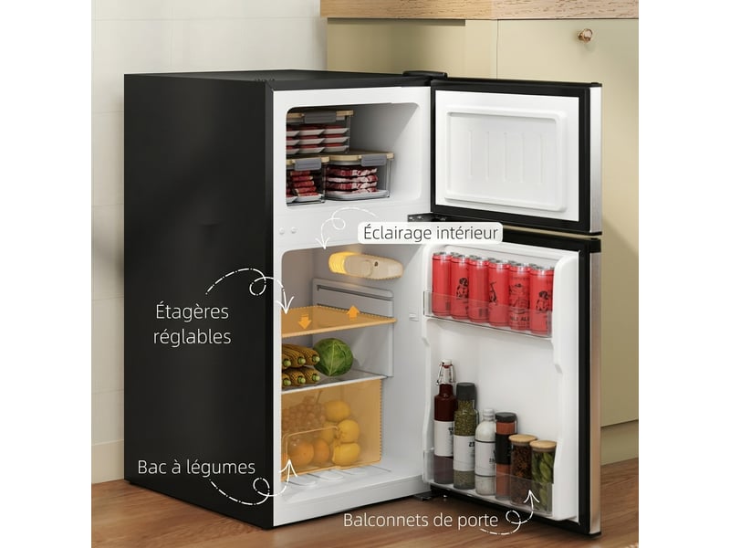 Réfrigérateur congélateur 88 l, petit réfrigérateur combiné avec portes réversibles et éclairage, 45,5x50x86,5cm, noir - Conforama E