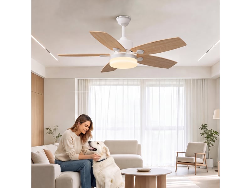  Ventilateur de plafond avec lumière led, 6 vitesses, 5 pales, finition bois, 42 pouces  - Conforama E