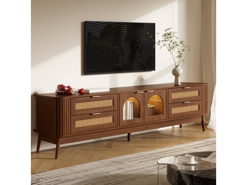 Meuble tv effet noyer avec portes en verre, éclairage led et 4 tiroirs - Conforama D
