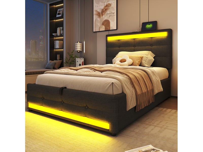 Lit enfant 90x200 led rgb usb tête réglable rangement design moderne commande application tissu gris sans matelas  - Conforama D
