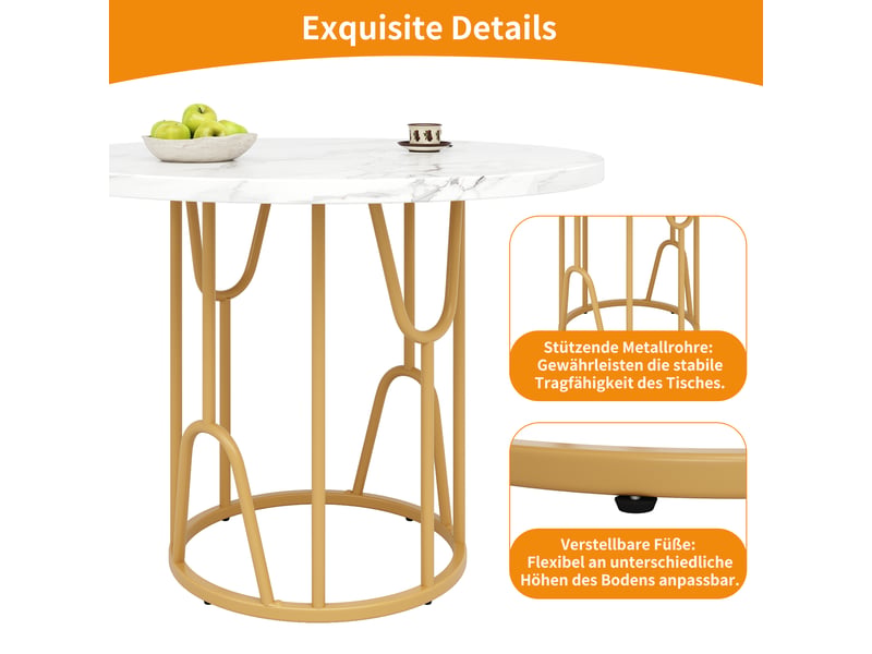  Table à manger ronde,80x80x76 cm,4 à 6 places,mdf,effet marbre blanc et métal doré  - Conforama E