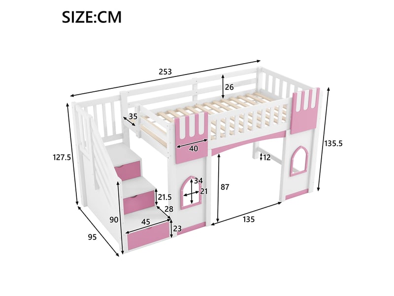 Lit mezzanine 90x200 cm blanc et rose, avec escalier de rangement 3 compartiments, 2 fenêtres, garde-corps, sommier inclus, sans matelas - Conforama C