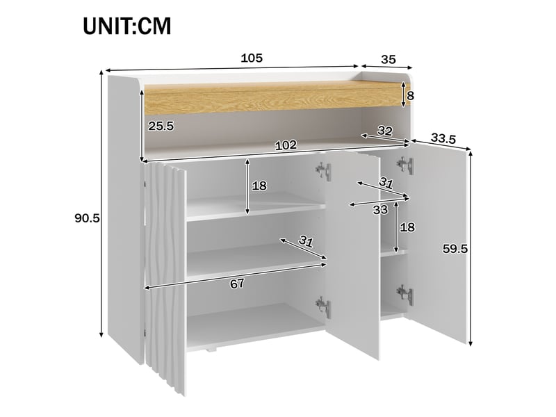  Buffet avec éclairage led 3 portes motif vague 105 cm blanc et naturel  - Conforama C