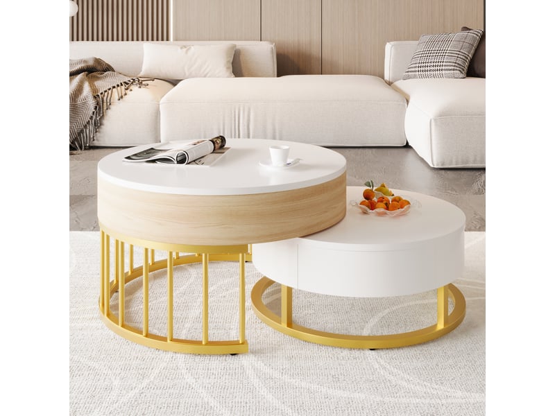 Table basse ronde gigogne réglable en hauteur, tiroir, mdf blanc et bois, structure métal doré, multifonctionnelle - Conforama B