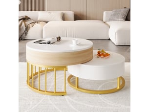 Table basse ronde gigogne réglable en hauteur, MDF blanc et bois, tiroir, métal doré