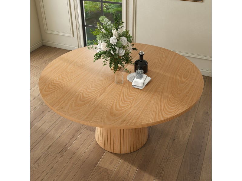 Table à manger ronde 110 cm, plateau mdf plaqué chêne, piètement cylindrique renforcé en métal, style campagne Bliss Lite - Conforama E