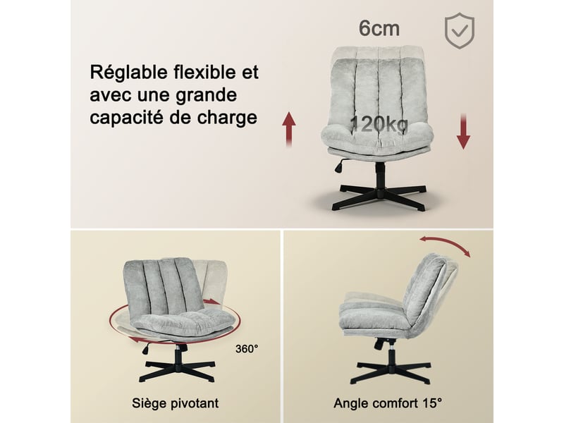 Fauteuil salon pivotant sur 360°, réglable en hauteur, sans accoudoirs, en tissu chenille, gris - Conforama D