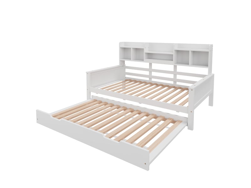  Lit banquette avec lit gigogne et rangement, pin massif blanc, 90x200 cm, sommier à lattes  - Conforama D
